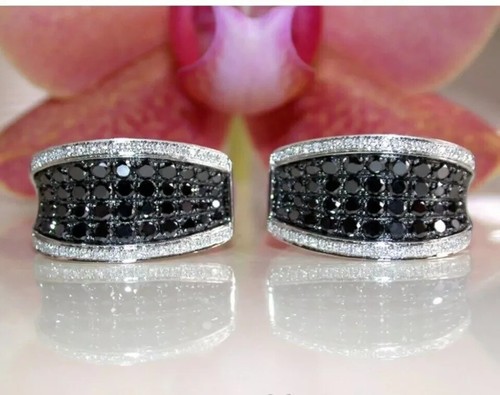 2Ct Lab Created Black Diamond Cluster Huggie Hoop Earrings 14k White Gold Plated - Picture 2 of 5