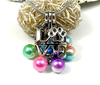 Paw Print LOVE Cage Bead Necklace Pendant Pet Dog Cat Rescue Gift Pearlescent