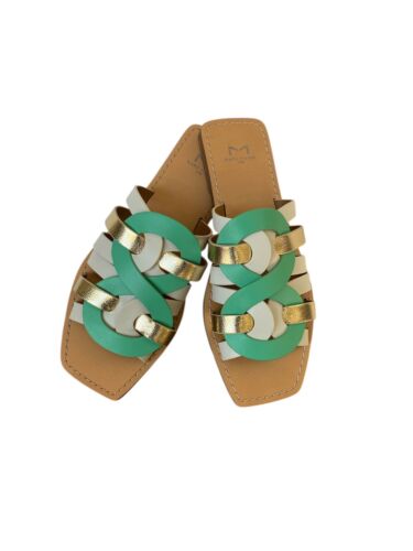 Marc Fisher LTD Womens Kimiko White/Gold/Green Flat Strappy Slide Sandals Sz 7.5 - 第 1/7 張圖片