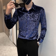 Mens Solid Velvet Long Sleeve Dress Shirt Cas...