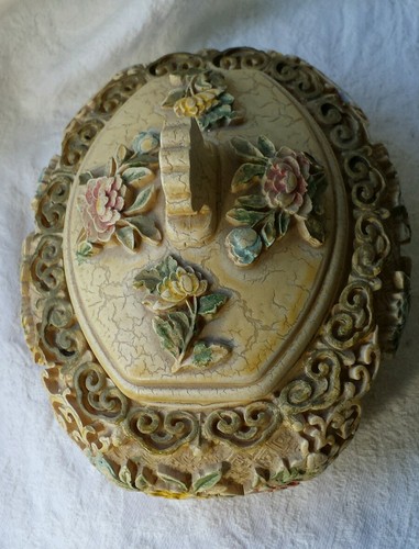 VINTAGE SCHMUCKKÄSTCHEN Schmuck BLUMEN geschnitzt erhaben Relief Deckel oval OVAL Eitelkeit LG - Bild 6 von 12