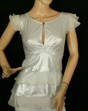 Roberta Scarpa Women's Gray Metallic Layers Stretch Blouse Retail $290