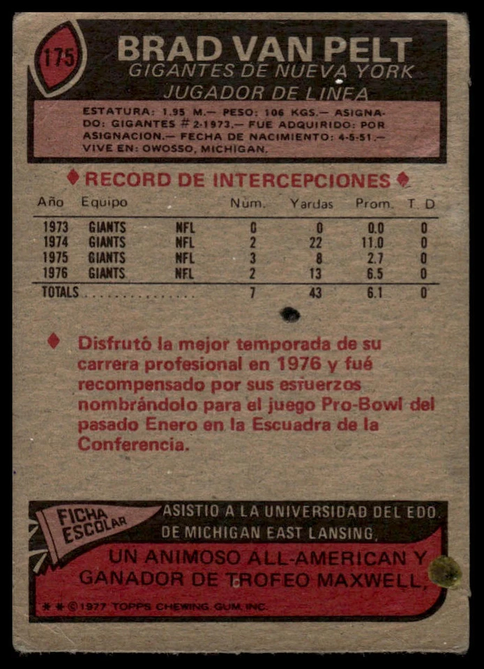 1977 Topps Mexican #175 Brad Van Pelt - Image 2 of 2