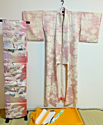 Japanese kimono/Pink cherry blossom/Fukuro Obi Crane/Kimono Japanese kimono/Pink cherry blossom/Fukuro Obi Crane/Kimono