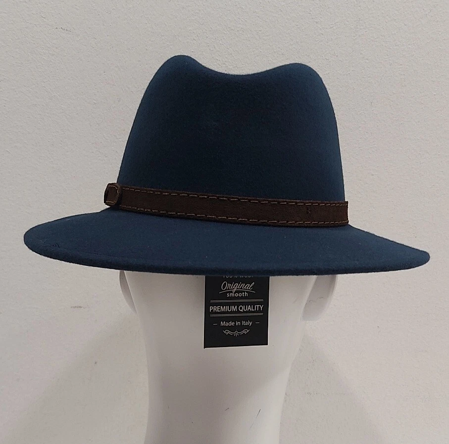 Chapeau Indiana Jones Casual En Laine Bleue Acceso Fabriqué En Italie - Photo 3/4
