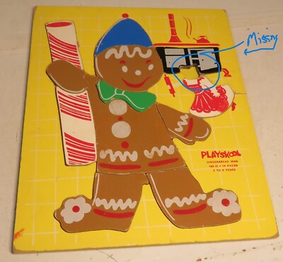 Vintage Playskool Gingerbread Man Puzzle 185-21 Wood Tray Puzzle Wooden PARTIAL
