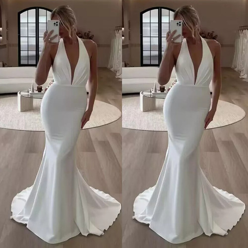 Halter Neck Mermaid Wedding Dresses Sevy Backless Pleated Satin Bridal Gowns New - Picture 1 of 9