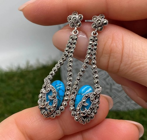 Turquoise and Marcasite natural gemstone Earrings, silver 925, gold plated - Bild 1 von 3
