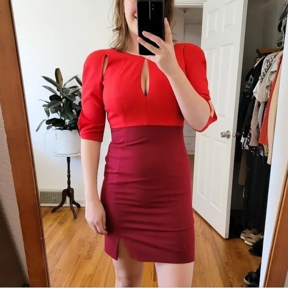 Black Halo Size 8 Anthony Eddie Colorblock Cutout Shoulder Sheath Dress Red  | eBay