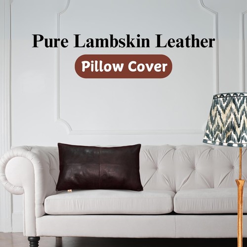 Set of 2 Luxury 100% Lambskin Leather Pillow Covers 18x26 Inch - Dark Brown - Picture 4 of 10