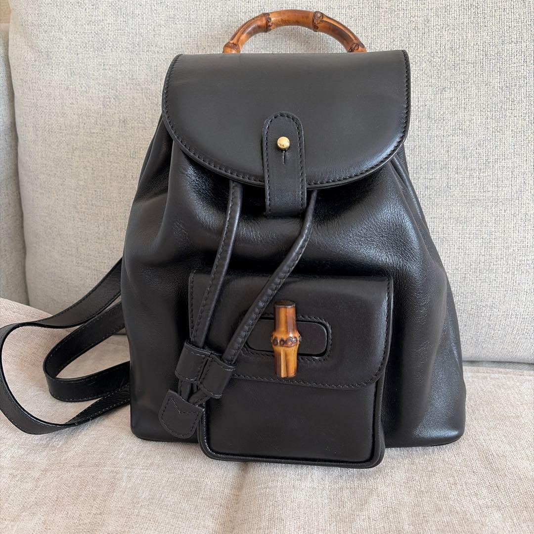 Gucci Leather Mini Backpack Black Bamboo Handle Vintage Used image 2