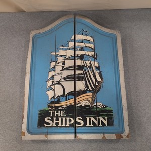The Ships Inn Nautical Wooden Dartboard Cabinet Vintage Tall Ship Pub Sign Blue