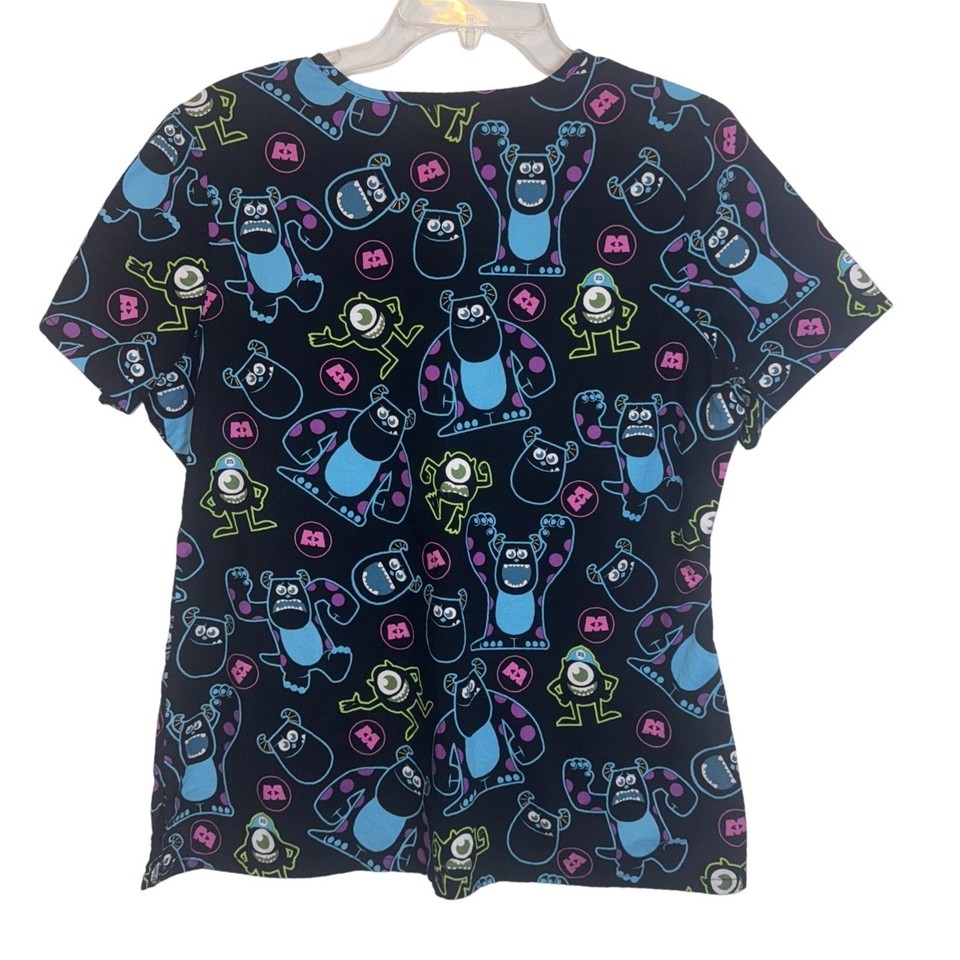 Disney Monsters Inc. Pixar Print Black Scrub Top Nurse Uniform Colorful ...