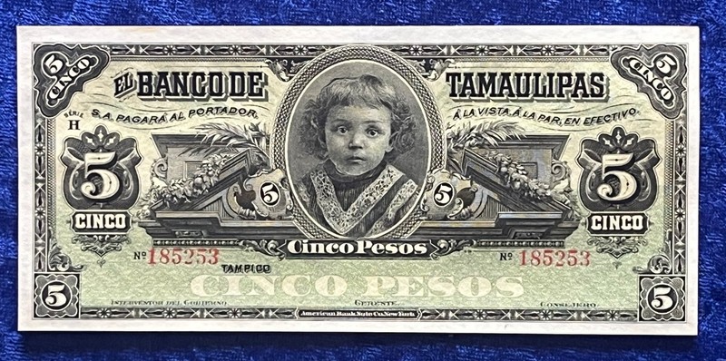 Vintage MEXICO El Banco de Tamaulipas 5 Cinco Pesos Series H