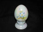 Fenton Hand Painted Blue Flower White Iridescent Egg Signed Art Glass On Stand