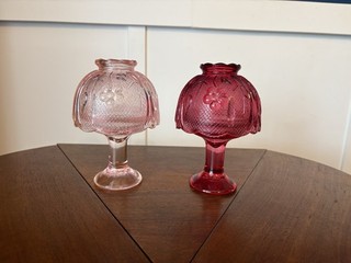 Set Of 2 Vtg Floral Indiana Tiara Glass Fairy Lamps 5.5" Pink And Cranberry