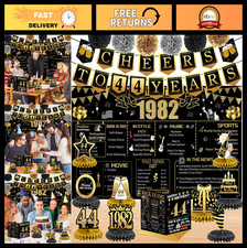 44th Birthday Decorations Set - 18PCS Black Gold Banner, Backdrop, Paper Poms