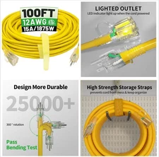 POWGRN 100 ft 12/3 Outdoor Extension Cord Waterproof Heavy Duty with Lighted 