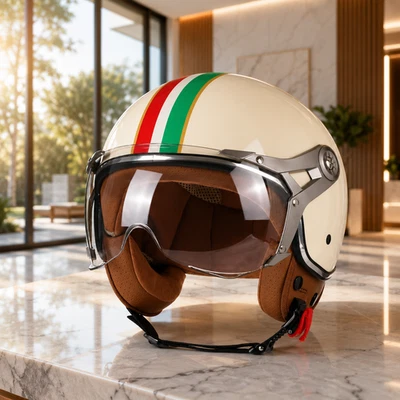 Casque Jet Moto Rétro Vintage Visière Intégrée Scooter Homme Femme DOT - Photo 1/4