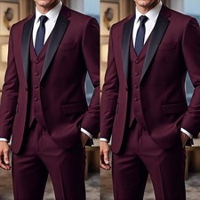 Formal Men's Suit Fits Wedding Burgundy 3Pcs Notch Lapel Prom Jacket Blazer