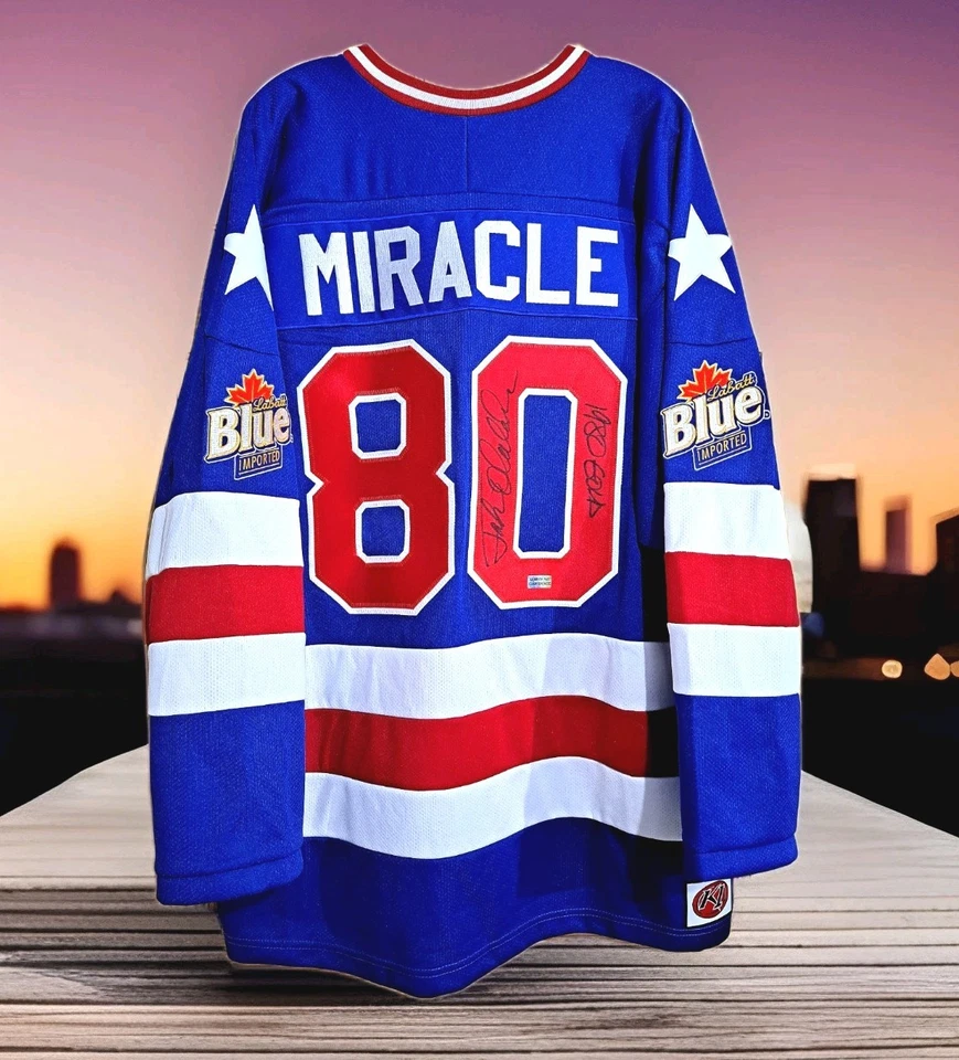 Jersey Miracle On Ice Jack O' Callahan Firmado De Colección Labatt Azul K1 Lake Placid Foto 2 de 4