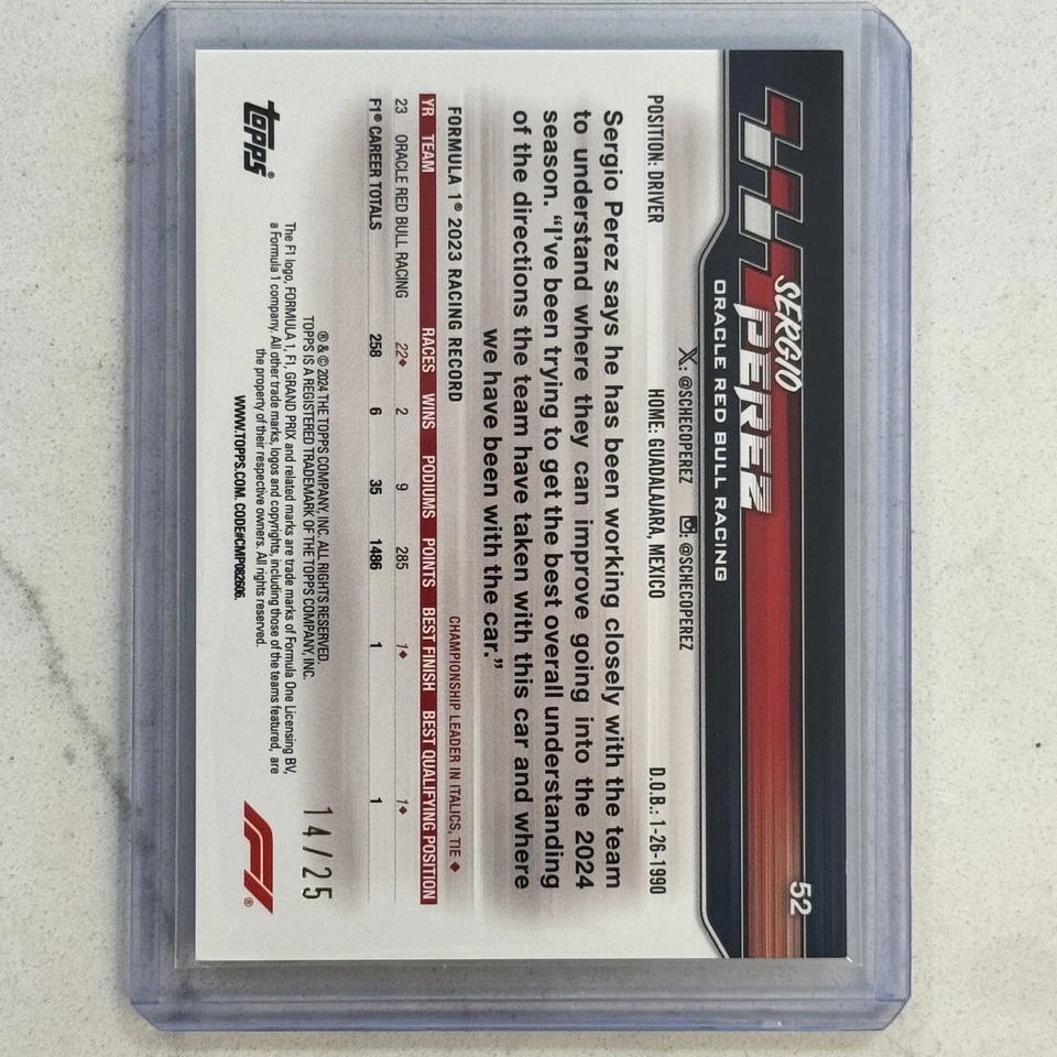 2024 Topps Paddock Pass Formula 1 Close Ups Sergio Perez Rainbow Foilboard /25 - Image 2 of 2