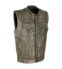 Mens Club Biker Concealed Carry Vest Distressed Brown Leather Motorcycle Biker  