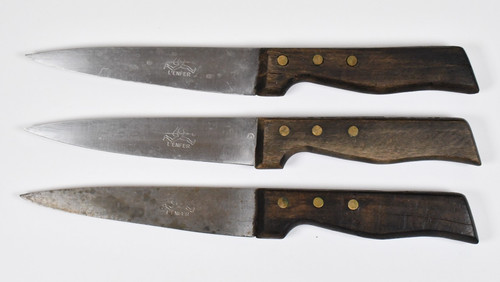 3x Vtg 1920's-30's L'Enfer Brand Carbon Steel Chefs Knives Running Devil France
