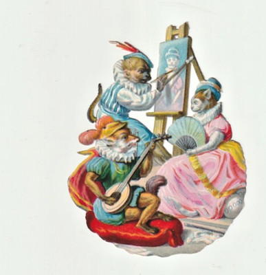 Oblaten  Scraps die cut der große Maler und sein Modell Katze kitten Fuchs 8,5cm