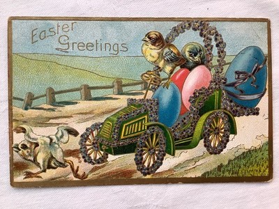 Zwei Küken mit Eiern fahren Auto, Ostergrüße, verschickt 1914 Nr.7051 P Karte.
