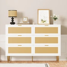 Rattan 6 Drawer Dresser, 42.5'' Modern Chest of Drawers with Gold Legs and Ha...