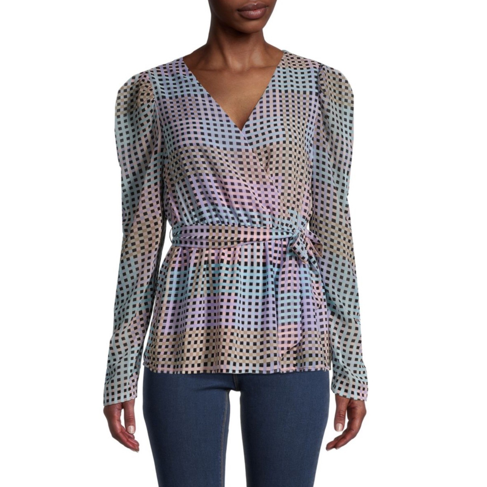 Calvin Klein Women's Puff Sleeve Wrap Blouse Pastel Check Print Size M