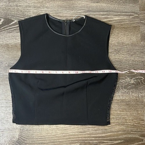 Alice + Olivia Black Crew Neck Crop Tank with Lace Side Panel and Leather Trim - Picture 5 of 6