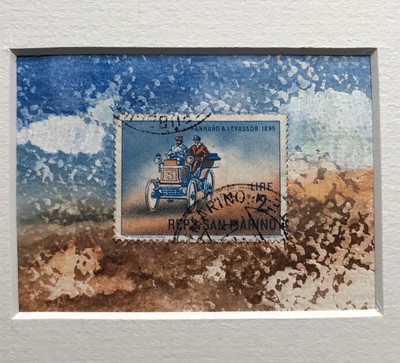 Auto Briefmarken Kunst, ACEO Original, Philatelie Geschenke, Postgeschenke, Mail Art,