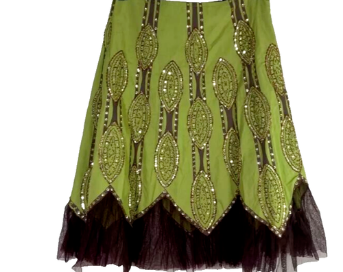 Basil & Maude Skirt Women's 4 Green Brown Beaded Tule Western Artsy Indie