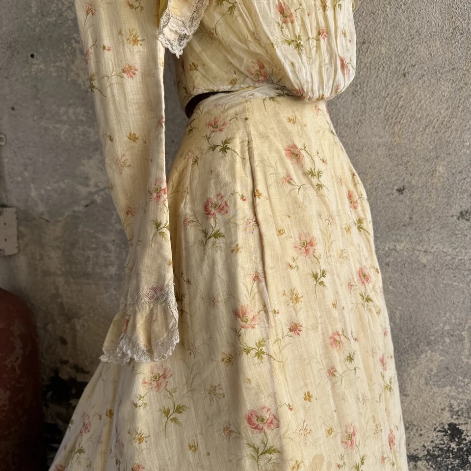 Antique Edwardian Yellow & Pink Rose Chintz Print Dress 4 PCE Lace Trim Vintage - Image 3 of 4