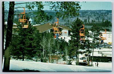 Cable Wisconsin~Telemark Lodge~Skiers on Ski Lift~1960s Postcard