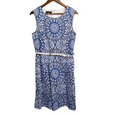 Nine West Women's Blue White Kaleidoscope Print Belt Pockets Sleeveless Dress 10