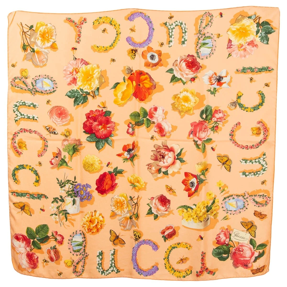 67644 authentique foulard FLORAL GUCCI saumon rose soie sergé