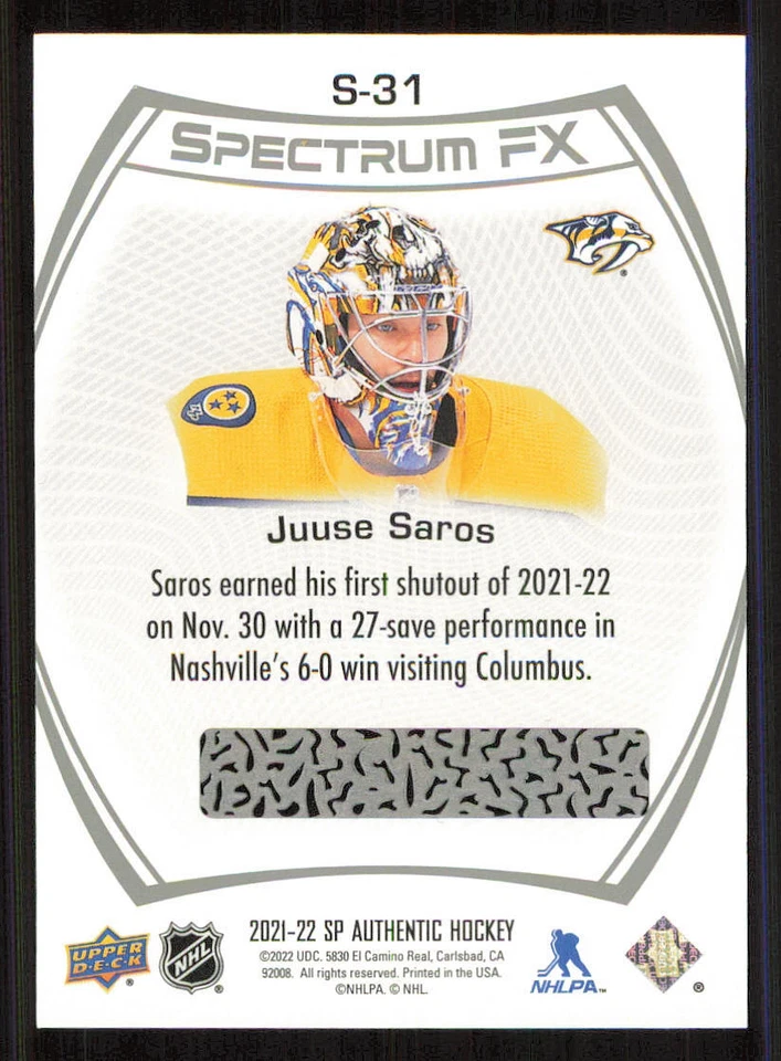 2021-22 SP Authentic Spectrum FX #S31 Juuse Saros - Image 2 of 2