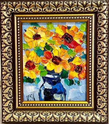 Original Oil Painting Sunflowers  Flowers Still life Signed Art Impasto Framed