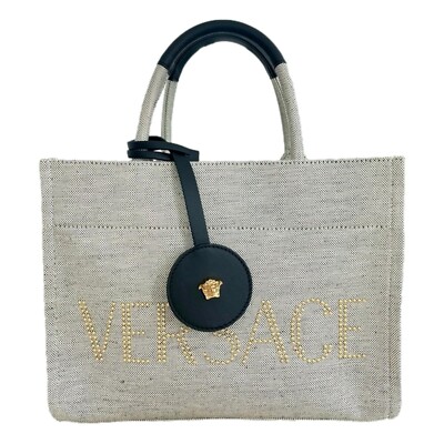 New Versace Ecru Canvas Studded Logo Mini Totebag