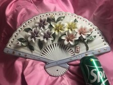 LARGE PORCELAIN FAN WITH APPLIED FLOWERS.  PERFECT   16" PLAQUE B4 --