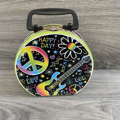 Tin Box Lunch Chest  Rocker Girl Doodles Rainbow Colored Round Zebra Print  New