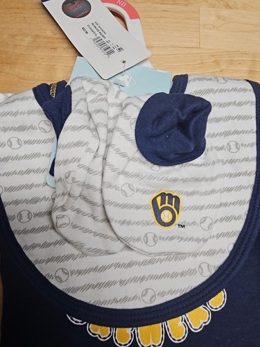 Milwaukee Brewers Baby Newborn Bring Home Baby Gift Baseball Outfit Booties Bib - Picture 4 of 8