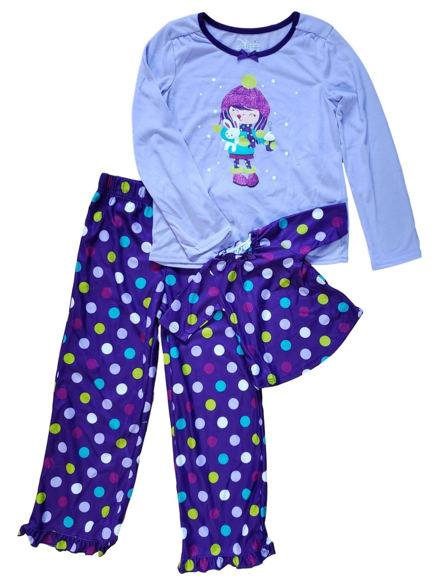 Girls Purple Polka Dot Print Glitter Pajama PJ Set Doll Sleep Dress