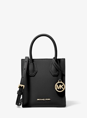 Michael Kors Mercer XS Pebbled Black Leather MK Signature Satchel Crossbody Bag