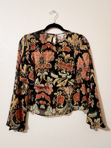 Women's ~Belle & Sky~ Floral Ruffle Sheer Blouse Long Bell Sleeve Sz XS