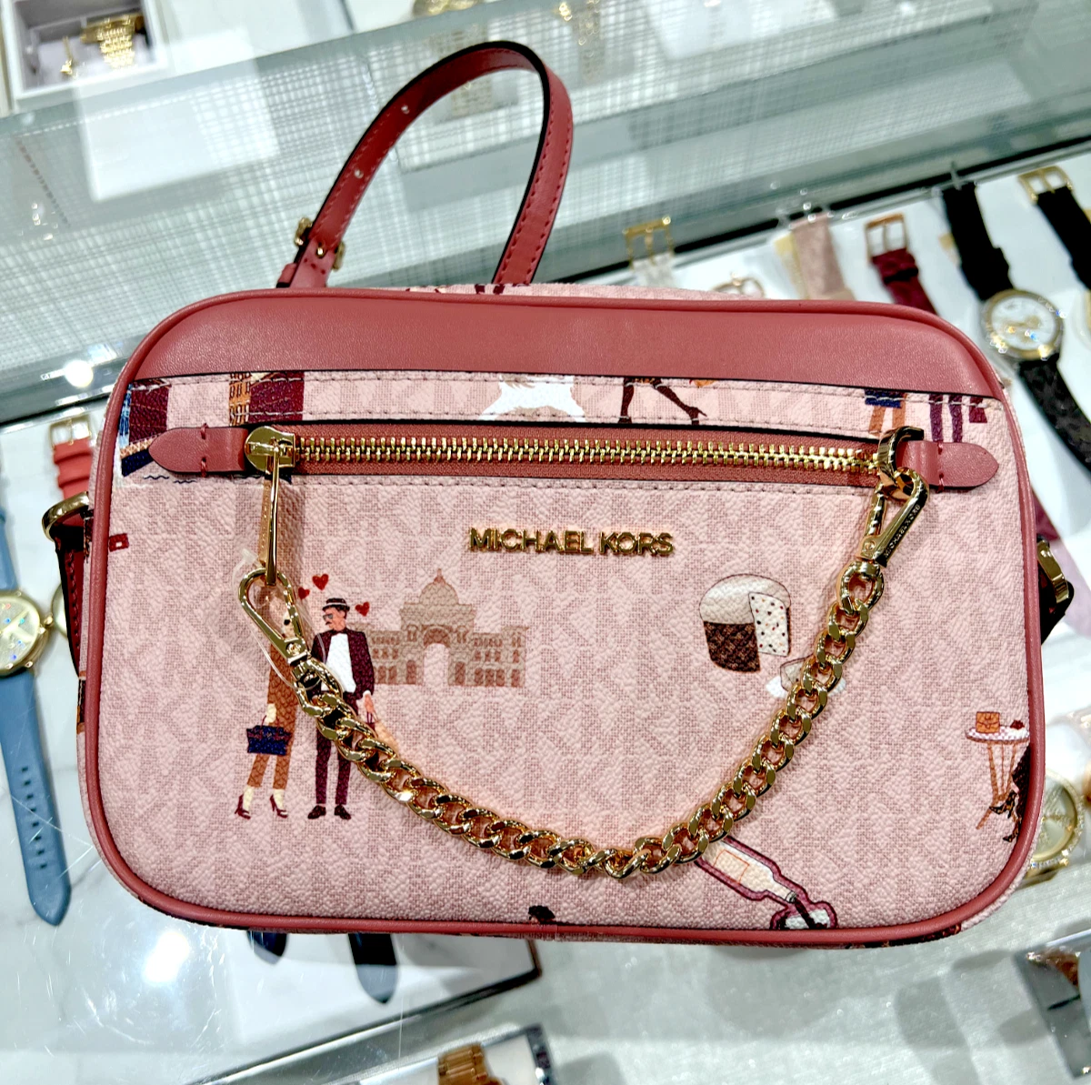 Michael Kors Jet Set Signature Large East West Zip Chain Crossbody Powder  Blush Multi