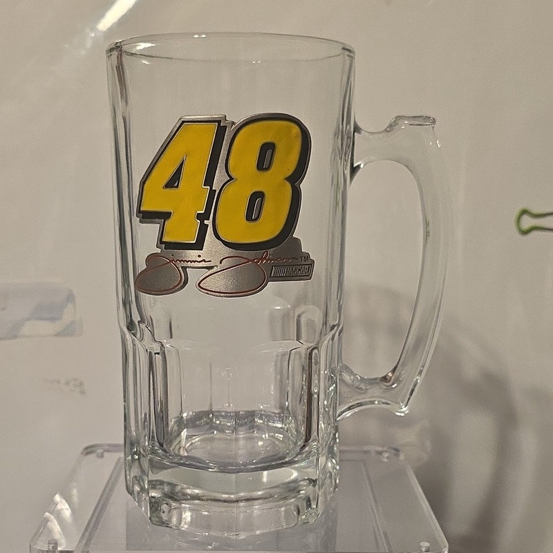 NASCAR #48 Clear Glass Mug Beer Stein w/ Handle Graphic Auto Racing League 8" 